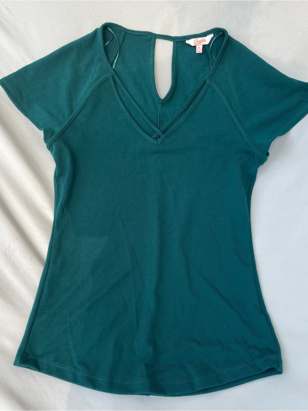 Candie's Teal V-Neck Short Sleeve Top with Keyhole Back